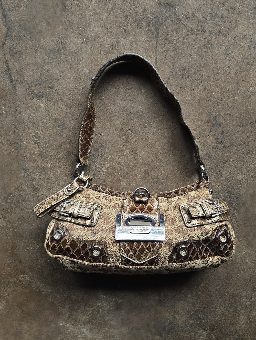 GUESS Y2K Vintage Monogram Croc Trim Handbag purse Buckle Logo Shoulder Bag - Picture 1 of 9